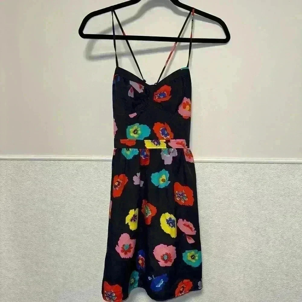 American Eagle Strapless Dress, Floral, Size 6, Navy with Rainbow Poppy